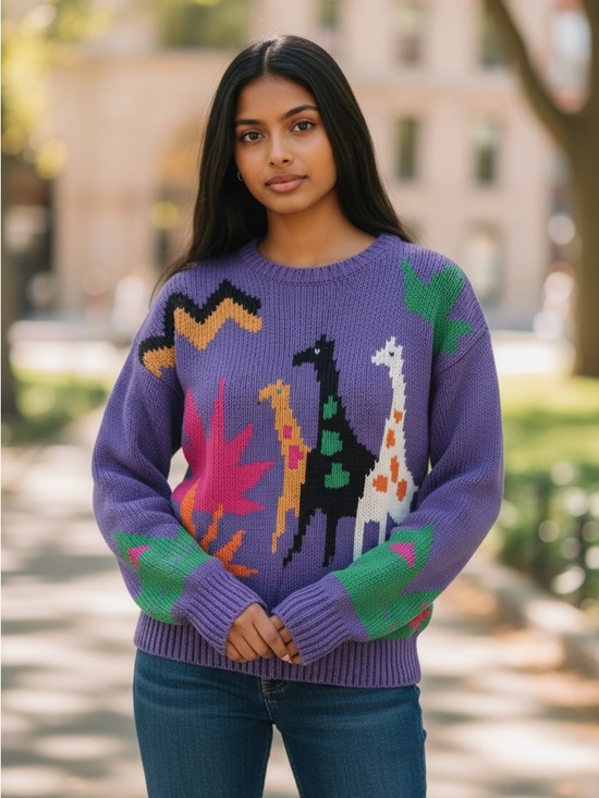 Vintage Sweaters - Vintage 90’s Batye Cotton Knit Giraffe Intarsia Crewneck Sweater Medium